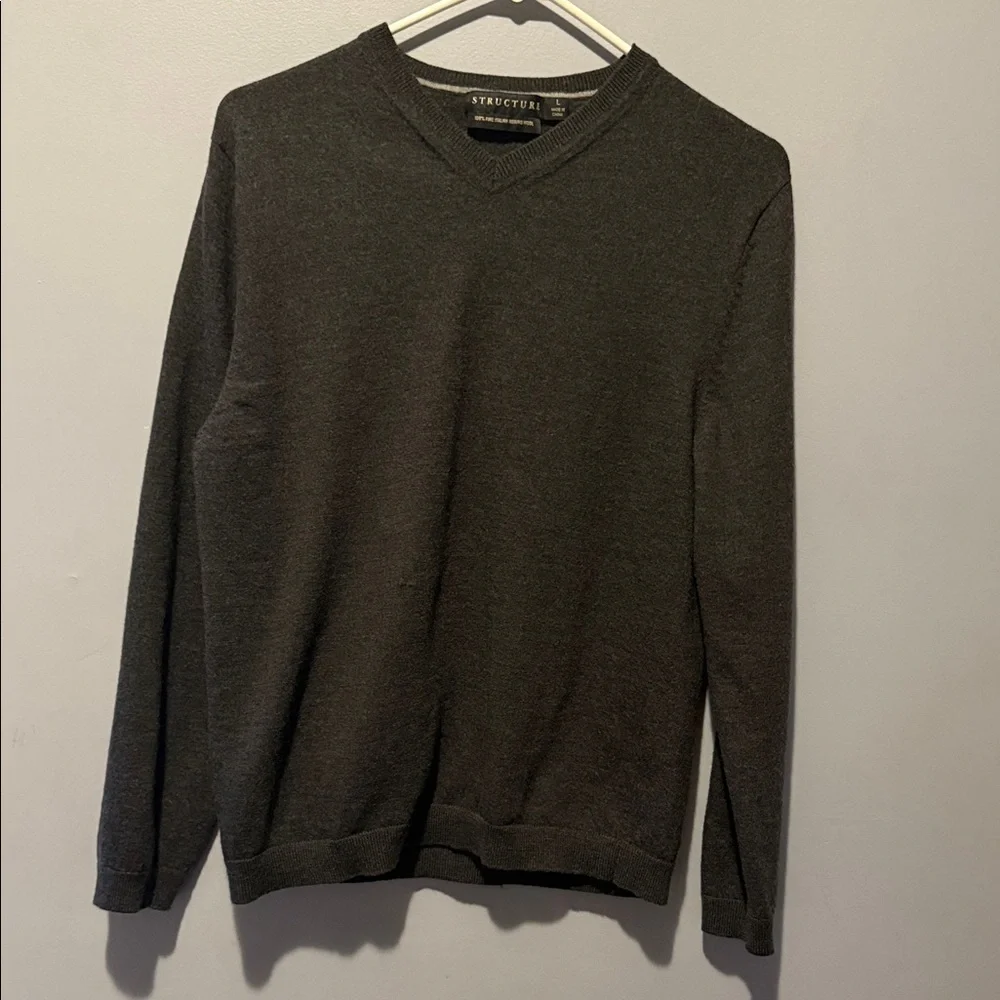 Structure Men's Dark Gray V-Neck Sweater 100% FINE ITALIAN MERINO WOOD